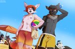 anthro ball beach beach_ball beach_umbrella being_watched biped blue_sky blush bottle breasts casual_exposure clothed clothing container crossdressing cutout day detailed_background duo_focus dutch_angle female female_anthro freckles front_view fur grey_body grey_fur group hair highlights_(coloring) inflatable looking_at_another low-angle_view male male_anthro navel neck_tuft nipples one-piece_swimsuit orange_hair outdoor_nudity outside parasol pink_body pink_fur public public_nudity purple_eyes red_eyes sharkini shirtless sky small_breasts smile social_nudity standing swimming_trunks swimwear tail text topless topless_anthro topless_female topless_male tuft water_bottle the-minuscule-task male_swimwear_challenge chrys_(lumarion) lillie_sea_wry luro_(lurosira) sira_(lurosira) canid canine fish fox mammal marine shark 2024 artist_name dated digital_media_(artwork) english_text handwritten_text hi_res shaded signature simple_shading url