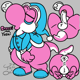 anus backsack balls barefoot bottomless butt clothed clothing eye_bags eyes_closed feet footwear genitals grey_background hat headgear headwear male multicolored_body nude penis pink_body rear_view saddle shoes simple_background sleeping slippers solo tail text toes two_tone_body white_body toni_oni mario_bros nintendo fan_character dinosaur prehistoric_species reptile scalie yoshi 1:1 signature