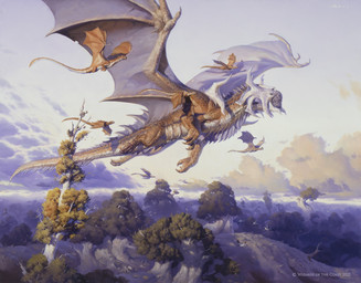 ambiguous_gender brown_body brown_scales claws cloud detailed_background feral flying forest group macro membrane_(anatomy) membranous_wings plant scales size_difference tail tree wings victor_adame_minguez hasbro magic:_the_gathering mythology wizards_of_the_coast avian bird dragon mythological_creature mythological_scalie scalie 2021 hi_res traditional_media_(artwork)