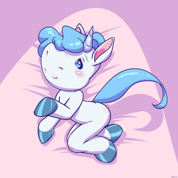 anthro biped blue_eyes blue_hair blush chibi eyebrows hair hair_over_eye heart_eyes heart_symbol hoof_hands hooves horn looking_at_viewer lying male nude on_side solo unguligrade unicorn_horn white_body maverick mythology zenshu unio_(zenshu) equid equine mammal mythological_creature mythological_equine unicorn 1:1 2025 hi_res