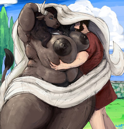 anthro areola big_breasts black_body black_fur black_hair breasts brown_hair clothed clothed/nude clothed_human clothed_male clothing curvy_figure digit_ring duo female female_anthro female_on_human finger_ring fur hair huge_breasts human_on_anthro husband_and_wife interspecies jewelry larger_anthro larger_female male male/female male_human male_on_anthro married_couple navel necklace nipples nude nude_anthro nude_female pubes ring shirt size_difference smaller_human smaller_male smile tail tail_tuft thick_thighs topwear towel tuft tunic voluptuous wedding_ring wide_hips doctordj european_mythology greek_mythology mythology nihea_avarta numerius_ignius_bubulcus bovid bovine human mammal minotaur 2022 dated hi_res signature