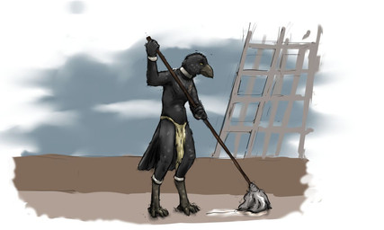 anthro beak black_body black_feathers bottomwear clothed clothing cloud feathers loincloth loincloth_only male mopping mostly_nude outside overcast ship sky slave solo standing topless vehicle watercraft jeri_kleinlowe avian bird corvid corvus_(genus) crow oscine passerine 2022 5:3 colored