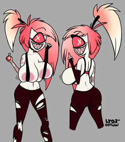 1_eye areola areola_slip arm_tattoo bangs big_breasts black_bottomwear black_clothing black_pants bomb bottomwear breasts butt clothed clothing explosives female freckled_face freckled_shoulders freckles front_view gesture grey_background grin hair hand_gesture looking_at_viewer looking_back middle_finger motion_lines multiple_poses navel not_furry pants pink_hair pose rear_view red_eyes sharp_teeth shirtless shirtless_female shirtless_humanoid simple_background sling_bra smile solo tattoo teeth torn_bottomwear torn_clothing torn_pants white_body x_pupils lt03official hazbin_hotel hellaverse cherri_bomb_(hazbin_hotel) cyclops demon demon_humanoid humanoid 2025 hi_res
