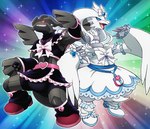 ambiguous_gender anthro black_body black_clothing blue_eyes bottomwear clothing duo grey_body jewelry red_sclera ribbons skirt standing white_body white_clothing wings on_ice_(artist) nintendo pokemon generation_5_pokemon legendary_pokemon pokemon_(species) reshiram zekrom absurd_res hi_res