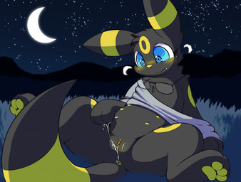 after_transformation anus black_body black_fur blue_eyes blush bodily_fluids breath chest_tuft clothing crescent_moon digitigrade eyewear female feral fur genital_fluids genitals glasses grass head_tuft implied_transformation moon night outside pawpads plant shirt sky solo spiral spiral_eyes spread_legs spreading star starry_sky teats topwear transformation tuft vaginal_fluids vulva yellow_pawpads nulloffset nintendo pokemon eeveelution generation_2_pokemon pokemon_(species) umbreon hi_res shaded
