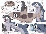 all_fours big_eyes bite blue_body blue_skin feral fin gills grey_body grey_skin male paws sharp_teeth simple_background sitting solo tail tail_bite tail_in_mouth teeth text toony white_background yogin fish marine shark 2020 chinese_text dated multiple_images signature sketch watermark