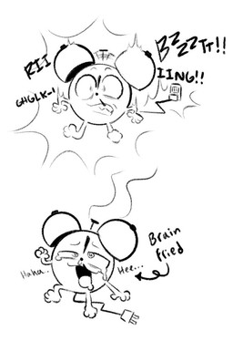 ambiguous_gender cord_tail duo electrocution eyewear glasses lobotomy not_furry open_mouth open_smile plug simple_background smile smoke solo text white_background clockstops3am conditional_dnp object_shows animate_inanimate living_clock 2025 black_and_white comic english_text monochrome