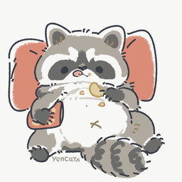 belly black_eyes black_nose chibi chips_(food) dot_eyes eating feral food fur grey_body grey_fur lying navel overweight pillow simple_background simple_eyes solo tongue tongue_out white_background white_body white_fur x_navel yencatx mammal procyonid raccoon 1:1 2021