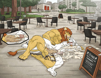 anthro anthro_on_anthro athletic balls biceps bodily_fluids claws collar cum cum_on_penis cumshot dominant dominant_male duo ear_piercing ejaculation erection excessive_cum excessive_genital_fluids fur genital_fluids genitals hair hands-free holding_leash holding_object humanoid_genitalia humanoid_penis interspecies leash leash_in_mouth lying male male/male messy mouth_hold muscular muscular_dom muscular_male muscular_top nipples nude object_in_mouth orgasm outside pecs penis piercing public sex submissive submissive_male toe_claws tongue tongue_out vein wfa brocrown rougetsu canid canine canis felid lion mammal pantherine wolf