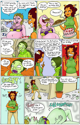 after_vore anthro belly blonde_hair clothing dessert doughnut female female_pred food fur green_clothing green_shirt green_topwear group hair orange_body orange_fur outside overweight pastry shirt speech_bubble text topwear trio vore s.sakurai canid canine domestic_pig fox mammal reptile scalie suid suine sus_(pig) turtle comic english_text