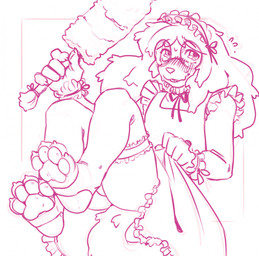 ambiguous_gender anthro blush blush_lines cleaning_tool clothed clothing embarrassed eyewear feather_duster feet foot_focus glasses legwear maid_uniform panties pawpads solo stockings thigh_highs underwear uniform upskirt wearing_glasses kyrosh mammal hi_res monochrome nonbinary_(lore)