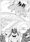 canid canine canis clothing comic crocodile crocodilian dialogue english_text femboy greyscale group hi_res hoshi_(a_side) male mammal monochrome muscular raccoon_dog reagan700 reptile scalie tanuki text wolf