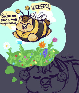 ambiguous_feral ambiguous_gender baby_talk bee_costume blush brown_hair brown_tail clothed clothed_feral clothing cloud dialogue eyes_closed feral flapping_wings flower flying fur hair hooves imagination insect_wings overweight overweight_feral plant sad sky smile solo tail text thought_bubble wings yellow_body yellow_fur yellow_hooves young young_ambiguous young_feral an0n_g1rl fluffy_pony beebee_(awfulfawn) fluffy_pony_(species) mammal 2025 digital_media_(artwork) english_text hi_res partially_colored