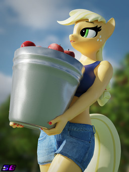 anthro anthrofied apple bottomwear bucket clothing container crop_top female food freckles fruit holding_object midriff plant shirt shorts solo topwear shadowboltsfm friendship_is_magic hasbro my_little_pony applejack_(mlp) earth_pony equid equine horse mammal pony 3:4 3d_(artwork) absurd_res blender_(artwork) digital_media_(artwork) hi_res