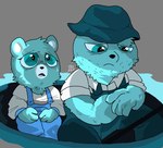 anthro black_nose blue_body blue_eyes blue_fur boat clothing duo fur hat headgear headwear male overalls sitting vehicle watercraft yellowpisscat unicorn_wars azulin's_father azulin_(unicorn_wars) bear mammal 2023