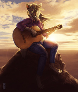 4_toes 5_fingers acoustic_guitar anthro barefoot biped blue_sky bottomwear breasts cheek_tuft claws clothed clothing cloud denim denim_bottomwear denim_clothing eyebrows facial_tuft feet female fingers fully_clothed fur green_eyes grey_body grey_fur grey_hair grey_tail guitar hair jeans long_hair looking_at_viewer musical_instrument outside pants playing_guitar playing_music plucked_string_instrument rock shirt sitting sky slightly_chubby smile solo string_instrument sun tail toes topwear tuft kannos sandra_(kannos) canid canine canis domestic_dog mammal