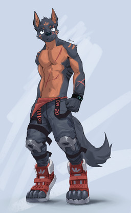 4_toes abdominal_markings anthro arm_markings athletic athletic_male biped black_bottomwear black_clothing black_pants black_stripes blue_background bottomwear chest_markings claws clock clothed clothed_anthro clothed_male clothing countershade_arms countershade_fur countershade_neck countershade_torso countershading digitigrade digitigrade_footwear facial_markings feet fist footwear front_view fur furgonomic_footwear furgonomics grey_body grey_claws grey_fur head_markings inner_ear_fluff leg_strap looking_at_viewer male markings mouth_closed multicolored_body multicolored_fur multicolored_pants number open-toed_sneakers pants pants_only pecs red_bottomwear red_clothing red_footwear red_markings red_pants red_shoes shoes shoulder_markings simple_background solo striped_body striped_torso stripes tail tan_body tan_countershading tan_fur tan_inner_ear tan_inner_ear_fluff tan_markings teal_eyes text toe_claws toeless_footwear toeless_shoes toes topless topless_anthro topless_male tuft two_tone_body two_tone_fur watch white_clothing white_footwear white_sclera white_shoes wristwatch kuromonsart canid mammal 2023 absurd_res artist_name colored dated digital_drawing_(artwork) digital_media_(artwork) english_text full-length_portrait hi_res portrait