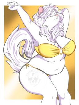 angora anthro belly belly_overhang big_breasts bikini breasts clothing female fluffy fur gold_bikini mature_anthro mature_female overweight overweight_anthro overweight_female solo swimwear thick_thighs thighs_up two-piece_swimsuit wide_hips theshadowsshelf beignet_(theshadowsshelf) mammal 3:4 digital_media_(artwork) hi_res