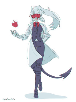 apple breasts clothing coat cybernetic_arm cybernetic_limb eyewear female food fruit glasses hair horn lab_coat necktie not_furry plant pointed_tail prosthetic prosthetic_arm prosthetic_limb safety_glasses simple_background smile solo spade_tail suit tail topwear white_hair noaharbre helltaker loremaster_(helltaker) demon demon_humanoid humanoid hi_res