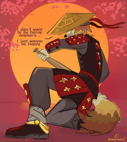 armor bat_(object) bodily_fluids kneeling male on_one_knee samurai samurai_armor solo tears text warrior xleb0rezka canid canine fox mammal english_text hi_res