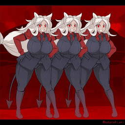 big_breasts black_bars black_boots black_clothing black_footwear black_necktie boots breasts clothed clothing collared_shirt cute_fangs dancing dress_shirt fangs female footwear fully_clothed group hair hands_on_hips heart_symbol huge_breasts necktie open_mouth open_smile red_eyes shirt shoes smile spade_tail tail teeth text topwear trio white_hair hataraki_ari helltaker cerberus_(helltaker) animal_humanoid canid canid_humanoid canine canine_humanoid dog_humanoid humanoid mammal mammal_humanoid 1:1 2020 2d_animation animated artist_name loop motion_tweening