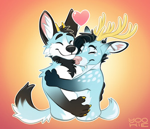 anthro anthro_on_anthro antlers arm_tuft black_hair black_nose blue_body blue_fur cheek_tuft closed_smile duo ear_piercing eyebrow_piercing eyes_closed facial_piercing facial_tuft female female_anthro fur hair horn hug industrial_piercing male male/female male_anthro mouth_closed piercing pink_nose shoulder_tuft side_view simple_background smile tuft white_body white_fur yellow_antlers yellow_horn yookie canid canine deer mammal hi_res