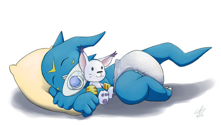 ambiguous_gender blue_body blue_skin claws clean_diaper clothed clothing diaper eyes_closed furgonomics lying object_in_mouth pacifier pacifier_in_mouth pillow plushie simple_background sleeping solo wearing_diaper white_background the_padded_room bandai_namco digimon digimon_(species) gatomon veemon 2010