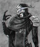 3_fingers armor cape chromatic_aberration clothing cybernetic_eye cybernetic_face cybernetics fingers glowing glowing_eyes hood looking_aside machine male pauldron solo standing bonksoundeffect bioware electronic_arts mass_effect saren_arterius alien cyborg turian hi_res monochrome