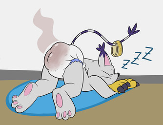 accessory ambiguous_gender anthro ass_up butt content_smile diaper dipstick_ears dipstick_tail ear_markings feces feet fur furgonomics gold_(metal) gold_jewelry gold_tail_ring grey_body grey_fur jewelry markings multicolored_ears pawpads paws pooping purple_ear_tips purple_tail_tip ring sleep_pooping sleeping smelly soiled_diaper soiling soles solo sound_effects stink_fumes tail tail_accessory tail_jewelry tail_markings tail_ring toes unclean_diaper used_diaper vowelless vowelless_sound_effect zzz ritzcat bandai_namco digimon digimon_(species) felid feline gatomon mammal hi_res