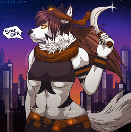anthro breasts building city detailed_background female hair knife long_hair looking_at_viewer muscular muscular_anthro muscular_female night solo star sunset thief under_boob lexibutt canid canine fox mammal hi_res