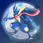 anthro blue_body crescent_moon holding_object holding_weapon looking_at_viewer male moon red_eyes solo weapon yellow_body evilessence nintendo pokemon generation_6_pokemon greninja pokemon_(species) 1:1 2022 colored digital_drawing_(artwork) digital_media_(artwork) full-length_portrait hi_res portrait shaded signature watermark