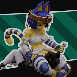 anthro arm_grab armwear arrow_pointing_to_crotch arrow_pointing_to_pussy arrow_tattoo bandage bandaged_arm bandaged_chest bandaged_leg belly black_clothing black_underwear blue_armwear blue_clothing blue_elbow_gloves blue_fingerless_gloves blue_gloves blue_hair blue_handwear blue_legwear blue_thigh_highs bob_cut bottomless bottomless_anthro bottomless_female bracelet breasts chokehold claws clothed clothing crotch_lines cunnilingus cyan_background directional_arrow dominant dominant_female duo egyptian egyptian_clothing egyptian_headdress elbow_gloves face_in_crotch face_in_pussy facesitting female finger_claws fingerless_gloves fingers fur fur_markings genitals gloves glowing glowing_eyes gold_(metal) gold_jewelry grey_body grinding_on_face hair handwear head_between_legs head_between_thighs headgear headlock headwear hip_sway jewelry leg_grab leg_wrap legwear looking_down male male/female markings medium_breasts midriff mummy_wrappings oral pubic_markings pubic_tattoo sex short_hair simple_background sitting sitting_on_another speech_bubble striped_markings striped_tail stripes submissive submissive_male tail tail_markings tattoo thigh_grab thigh_highs underwear vaginal white_body wide_hips yellow_body nothingsorter valorlynz_(modeler) warfaremachine_(modeler) animal_crossing arknights hypergryph nintendo studio_montagne aak_(arknights) ankha_(animal_crossing) domestic_cat felid feline felis mammal 1:1 2026 3d_(artwork) 3d_animation animated digital_media_(artwork) no_sound short_playtime video