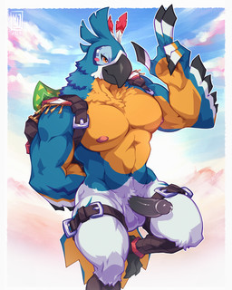 anthro avian_feet back_muscles backpack balls barazoku blue_body blue_feathers brown_eyes erection feathers genitals gesture hand_gesture male muscular muscular_anthro muscular_male nipples pecs penis solo v_sign yeensinjeans breath_of_the_wild nintendo the_legend_of_zelda kass_(tloz) avian rito 4:5 hi_res