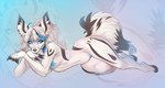 anthro areola biped blue_eyes blue_nipples breasts female fur genitals hair looking_at_viewer lying navel nipples nude on_side pussy solo white_body white_fur landysh canid canine fox mammal 2021