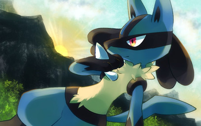 ambiguous_gender anthro black_body blue_body blue_fur detailed_background fur fur_tuft grass looking_down mountain multicolored_body multicolored_fur plant solo spikes sun tuft zoroa553 nintendo pokemon canid generation_4_pokemon lucario mammal pokemon_(species) digital_media_(artwork)