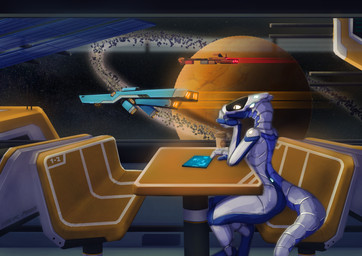 anthro blue_body fingers glistening horn machine male nude planet solo space spacecraft tail text vehicle hofi-peak bluetooth_(character) android robot synth_(vader-san) 2023 absurd_res digital_drawing_(artwork) digital_media_(artwork) english_text hi_res shaded signature