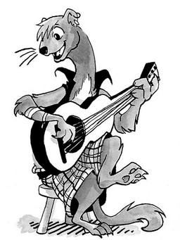 acoustic_guitar bottomwear clothing guitar male musical_instrument plucked_string_instrument shorts sitting solo string_instrument xiphosuras mammal mustelid musteline true_musteline weasel 3:4 monochrome
