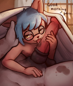 age_difference animal_genitalia animal_penis anthro balls bedding blanket blue_hair blush bodily_fluids duo equine_genitalia equine_penis eyewear female fur genital_fluids genitals glasses hair handjob licking loli looking_at_viewer male male/female nude older_male oral penile penis penis_lick saliva saliva_on_penis saliva_on_tongue saliva_string sex size_difference smaller_female text tongue young young_anthro young_female younger_female orphira mochi_(orphira) equid equine mammal mustelid otter river_otter absurd_res digital_media_(artwork) english_text hi_res
