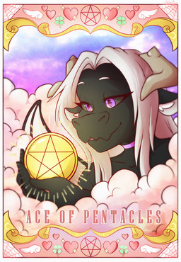 ace_of_pentacles_(tarot) anthro black_sclera border card cloud clover_(plant) clover_leaf eyebrows eyelashes female four_leaf_clover hair heart_symbol holding_object horn inner_ear_fluff leaf membrane_(anatomy) membranous_wings occult_symbol pentacle plant purple_eyes snout solo symbol tarot tarot_card text tuft white_border white_eyebrows white_hair white_inner_ear_fluff wings spider_bones mythology orthas_silverwing_(orthas) dragon mythological_creature mythological_scalie scalie 2025 digital_media_(artwork) english_text hi_res shaded