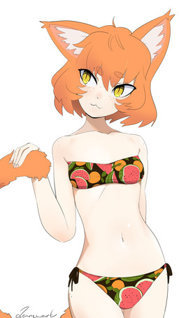 bandeau_bikini bikini breasts cat_smile clothed clothed_female clothing female flesh_fang freckled_face freckled_hips freckled_shoulders freckles hair head_tilt holding_own_tail holding_tail long_tail looking_aside medium_hair navel orange_hair pivoted_ears pointy_ears prick_ears print_bikini print_clothing print_swimwear pupils red_pupils side-tie_bikini simple_background slim slit_pupils small_breasts solo standing string_bikini swimwear tail thin_tail two-piece_swimsuit white_background yellow_eyes dancwart dancy_(dancwart) animal_humanoid felid felid_humanoid feline feline_humanoid humanoid mammal mammal_humanoid 9:16 hi_res signature