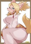 anthro big_breasts big_butt blonde_hair border bottomwear breasts butt clothed clothing eyewear female female_anthro fur glasses green_eyes hair kemono markings mole_(marking) one_leg_up orange_border pants ponytail raised_leg shirt simple_background solo tan_body tan_fur topwear white_background arumo cyberconnect2 little_tail_bronx solatorobo merveille_million canid canine caninu canis collie domestic_dog herding_dog mammal pastoral_dog sheepdog hi_res