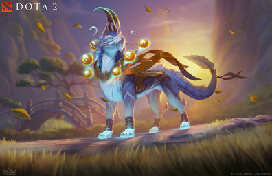 ambiguous_gender armor blue_body blue_fur bridge detailed_background feral fur grass horn leaf looking_up mountain outside plant solo standing sunset tail tree whiskers brian_valeza dota mythology valve valve_corporation canid dragon hybrid mammal mythological_creature mythological_scalie scalie 2024 digital_media_(artwork) official_art