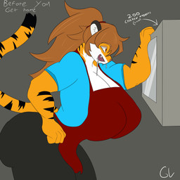 anthro big_breasts big_butt bodily_fluids breasts brown_hair butt directional_arrow ears_up female fur hair muscular muscular_anthro muscular_female open_mouth saliva saliva_string solo tail teeth teeth_showing text gorgonwriting absurd_res hi_res