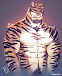 2019 abs anthro biceps body_hair clothed clothing eye_scar facial_scar fangs felid fur half-length_portrait happy_trail hi_res looking_at_viewer male mammal muscular muscular_anthro muscular_male pantherine pecs portrait pubes raytig12 scar simple_background solo teeth tiger topless