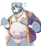 2020 anthro bear belly blue_body blue_fur blush bonasiah bulge clothing disembodied_hand full_attack fur grope group humanoid_hands kemono male mammal merfiller navel overweight overweight_male robe simple_background solo_focus sophring_jie underwear white_background white_body white_fur