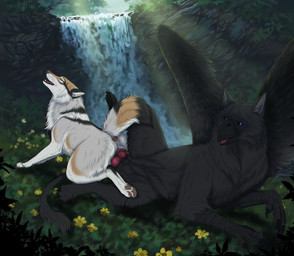 animal_genitalia animal_vulva anus aroused beak black_body bodily_fluids bundle butt canine_genitalia canine_vulva claws cookie cum duo erection fantasy female feral feral_on_feral feral_penetrated feral_penetrating feral_penetrating_feral flower food forest genital_fluids genitals hole_(anatomy) knot knotting male male/female natural nature penetration penis plant sex tail tree vaginal vaginal_penetration vulva waterfall wings msdeadsoul valiberite mythology solana_(valiberite) windlass avian bird canid canine canis domestic_dog fox gryphon hybrid mammal mythological_avian mythological_creature wolf hi_res