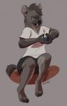 annoyed anthro arms_bent bedding bent_legs biped black_body black_fur black_hair blue_eyes bottomwear clothed clothing controller ear_piercing eyewear fangs female fully_clothed fur game_controller gaming glasses grey_body grey_fur hair hands_together hands_together_elbows_apart holding_controller holding_game_controller holding_object piercing pince-nez playing_video_game playstation_controller shirt shorts simple_background sitting solo teeth topwear wearing_eyewear wearing_glasses wireless_controller thrushes dualshock dualshock_4 playstation playstation_4 sony_corporation sony_interactive_entertainment hyena mammal spotted_hyena hi_res