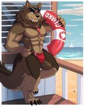 4_toes 5_fingers abs anthro athletic athletic_anthro athletic_male barazoku barefoot beach black_claws black_nose brown_body brown_fur bulge claws clothed clothing eyewear eyewear_on_head fangs feet finger_claws fingers flotation_device fluffy fur hand_on_hip hand_on_own_hip kemono lifeguard looking_at_viewer male muscular muscular_anthro muscular_male navel on_one_leg pecs red_clothing red_speedo red_swimwear sand sea seaside smile solo speedo standing sunglasses sunglasses_on_head swimwear teeth toe_claws toes topless topless_male water whistle_(object) vitaly4321 mythology skaw_(shawhowl) canid canine canis mammal mythological_canine mythological_creature werecanid werecanine werecreature werewolf wolf 2021 4:5 absurd_res digital_media_(artwork) hi_res