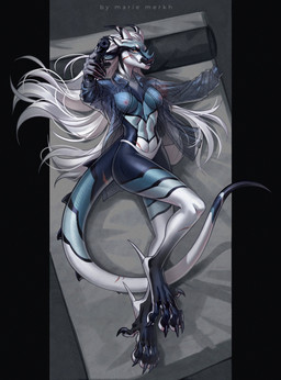 anthro black_markings blue_body blue_tail clothed clothing female female_anthro front_view gun hair holding_gun holding_object holding_ranged_weapon holding_weapon long_hair looking_at_viewer lying markings missing_arm nipples on_back orange_eyes panties ranged_weapon solo striped_legs striped_markings striped_tail stripes tail tail_markings translucent translucent_clothing translucent_topwear underwear weapon white_body white_clothing white_hair white_panties white_tail white_underwear marie_merkh mythology dragon mythological_creature mythological_scalie scalie absurd_res hi_res