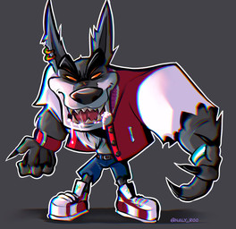 anthro belt big_ears bodily_fluids bottomwear clock clothing drooling ear_piercing evil_face eyebrows fangs footwear fur grey_background grey_body grey_fur jacket letterman_jacket looking_at_viewer male muscular muscular_anthro muscular_male narrowed_eyes orange_sclera outline pants pecs piercing pose ring saliva sharp_teeth shoes simple_background smile smiling_at_viewer solo standing stylized teeth thick_eyebrows tongue tongue_out topwear torn_bottomwear torn_clothing torn_pants watch white_body white_fur white_outline wristband wristwatch naly_roo activision crash_bandicoot_(series) mythology tiny_tiger werewolf_tiny_tiger canid canine canis dasyuromorph mammal marsupial mythological_canine mythological_creature recently_extinct_species thylacine werecanid werecanine werecreature werewolf wolf chromatic_aberration
